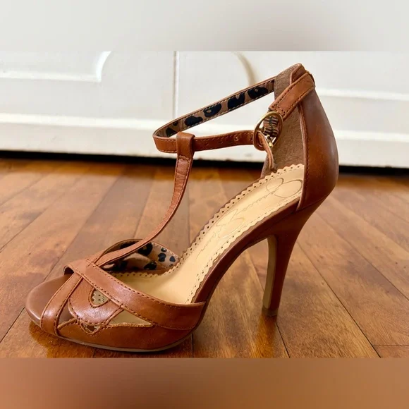 Jessica Simpson Jeraldine Elegant Brown Leather Open Toe Heels Women’s Size 5.5M - Picture 7 of 10
